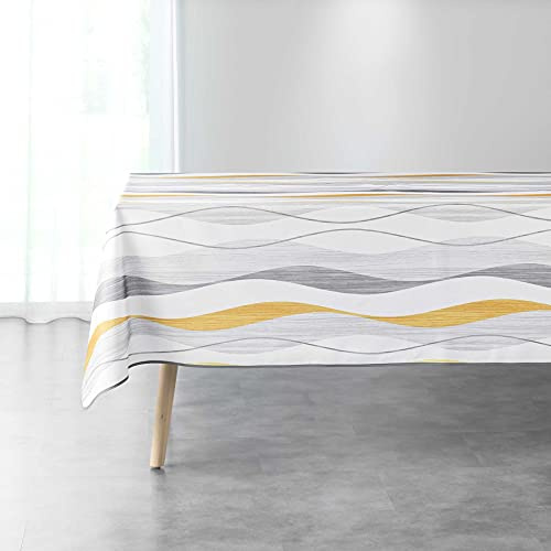 Douceur d'Intérieur, Nappe Rectangle (150 x 240 cm) Ondulys Blanc/Jaune, Polyester Imprimé | Antitache ultrapratique : nettoyage facile, protège votre table au quotidien.