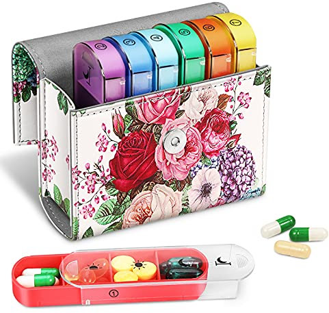 FINPAC Pilulier hebdomadaire avec sacoche en cuir PU, 7 Jours 4 fois par jour Organisateur de pilule de voyage avec carte Nom pour Matin Midi Soir Coucher pour pour vitamines, médecine, Jardin