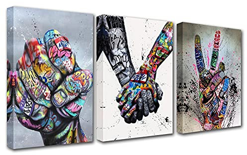 Banksy Hand Street Graffiti Gemälde Finger und Fäuste Bilder abstrakte Pop Poster 3 Stück Drucke auf Leinwand halten Hände Kunstwerk Schlafzimmer nordische Home Dedcor Gerahmt Aufhängen Geschenk