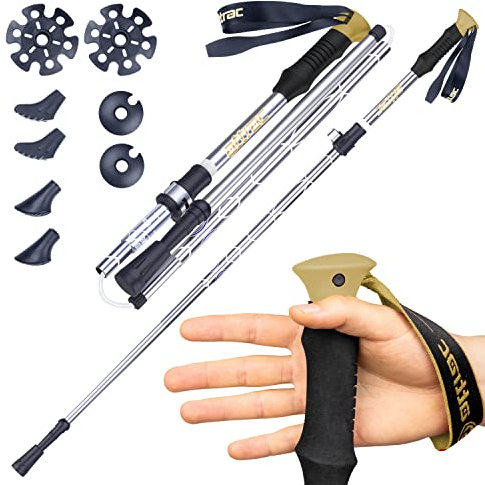 ATTRAC Trekking Stöcke Faltbar (Gold) I Wanderstöcke Faltmaß nur 40 cm I Trekkingstöcke Aluminium mit Schnellverschluss I Teleskop verstellbar & super leicht inkl. App