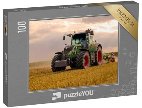 puzzleYOU: Puzzle 100 Teile „Grüner Traktor pflügt EIN Getreidefeld, Himmel mit Wolken“ – aus der Puzzle-Kollektion Traktoren