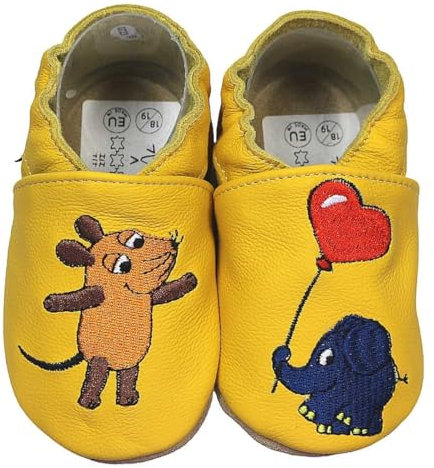 HOBEA-Germany Krabbelschuhe Unisex, Die Maus, Lederschuhe (Maus mit Elefant Herz gelb, 16/17)