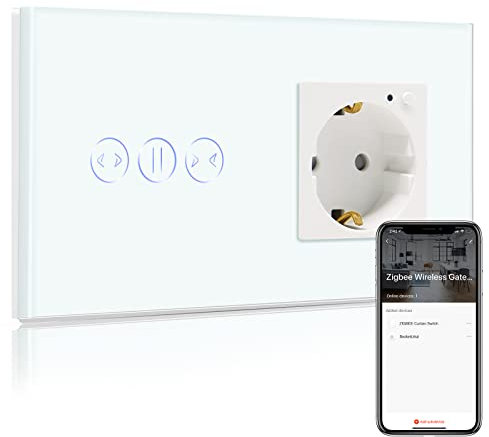 BSEED Smart ZigBee Vorhang Lichtschalter mit Steckdose, intelligenter Vorhang Unterputz Wandschalter Kompatibel mit Alexa und Google Home, 1 Weg Touch Schalter Weiß (Tuya ZigBee Hub erforderlich)