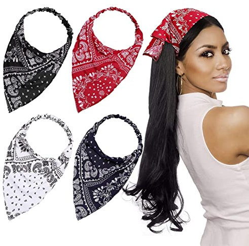 SHANHUHAI 4 Stück Elastisch Haarschal Stirnband Druck Vintage Turban Haarschals Baumwolle Kopfwickel Dreieck Halstuch Kopftuch Haar Bandana für Frauen Mädchen