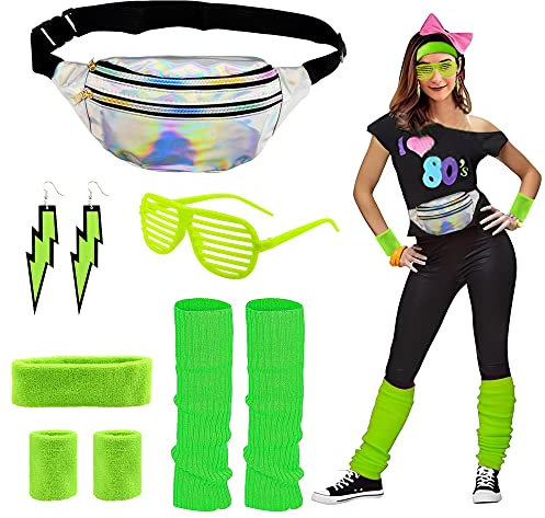 CHMMY 80er Jahre Accessoires Outfit Damen, 80er Jahre Kleidung Damen Set mit Bauchtasche, Stirnband, Beinwärmer, Armbänder, Brille und Ohrring für Karneval Neon 80 Jahre Party Outfit Damen Grün