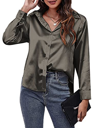 Women's Solid Shirts Long Sleeve Silk Like Blouse Satin Tops Front Botton Down Lapel Shirts for Ladies Casual Plain Top for Office Work Business Wear Grey XXL
