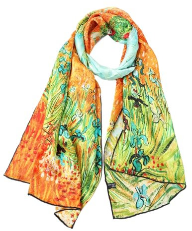 Prettystern Damen langer Seidenschal 100% Satin Seide 160cm Kunst-Motiv van Gogh Schwerlilien Golden Türkis-blau P060