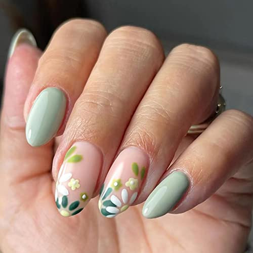 Ceboic 24 Pièces Amande Faux Ongles Court, French Press on Nails Glossy Ongles à Coller avec Autocollants Adhesif, Stiletto Almond Faux Ongles pour Femme et Fille (Vert Fleurs)