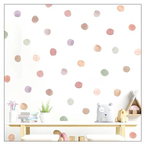 Set de 36 Pegatinas Infantiles Decorativas de Vinilo Adhesivo para Pared - Diseño de Lunares Adhesivos estilo Acuarela para Decoracion Habitacion Niño, Niña. (Multicolor)
