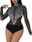 MAYFASEY Women's Rhinestone Studded Mesh Bodysuit Long Sleeve Mock Neck Sheer Bodysuit Tops, Black, M