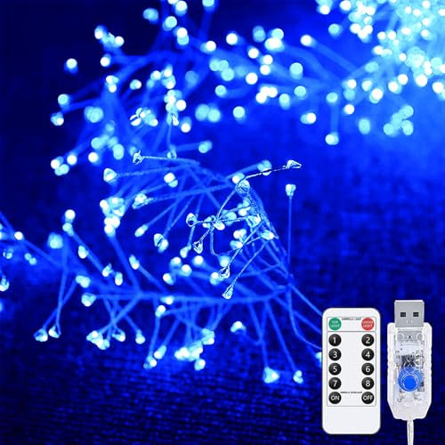 DINOWIN Lichterkette USB-betrieben Außen Innen 19.68Ft 200 LED Cluster Micro Lichterkette mit Timer, 8 Modi Weihnachten Kleine Lichterkette für Balkon, Hochzeit, Party Décor (Blau)