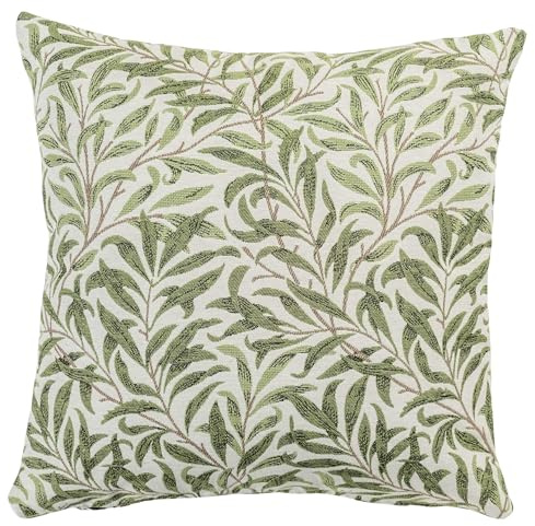 Linen Loft Willow Branch Tapestry Cushion Cover in Green. William Morris Style Botanical Leaf Print in Sage Green and Beige. 17x17 Square Cover Only