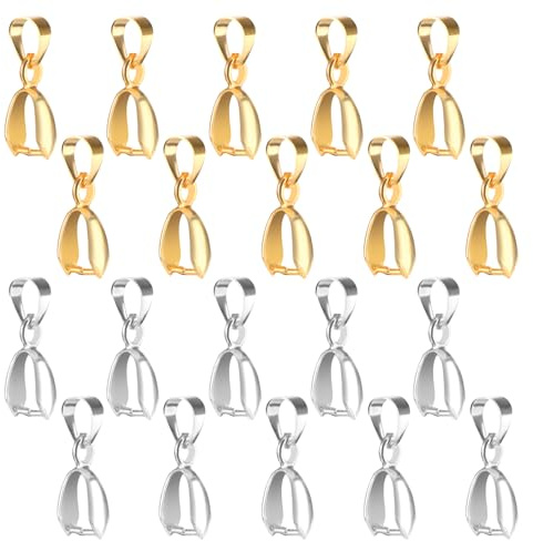 40 PCS Pinch Bails for Jewelry Making, Metal Pendant Clasp Silver Gold Bail Connector with Loop, Charm Clasp Necklace Pinch Bails for Pendants Buckles DIY Craft