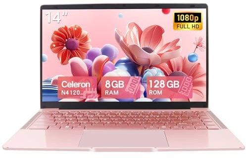 LONGEVINCE 14 Inch Laptop, Celeron N4120(up to 2.6GHz), 8GB DDR4, Windows 11, Thin&Portable Narrow frame Laptop,USB 3.0 x 2,Webcam, Bluetooth, Wi-Fi (Rose Gold/128G SSD)