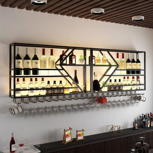Wine Glass Rack Hanging, LED Liquor Bottle Display Shelf Wall Mounted for Home Bar - Floating Shelves Bottle Holder Dining Room Coffee Décor