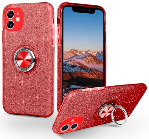 SouLips Compatible with 12 Case, 12 Phone Case,Magnetic Car Mount Supported Slim Thin Glitter Sparkle with 360? Ring Holder Kickstand Shockproof Protective Phone Cover for 12 6.1, Red