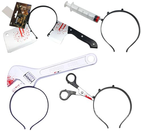 Halloween Horror Stirnbänder Halloween blutige Schere Kopf Streich Gummi Kunststoff Messer Spritze Zubehör Stirnbänder für Männer Frauen Jugendliche Horror Thriller Karneval Maskerade Zubehör (4 PCS)