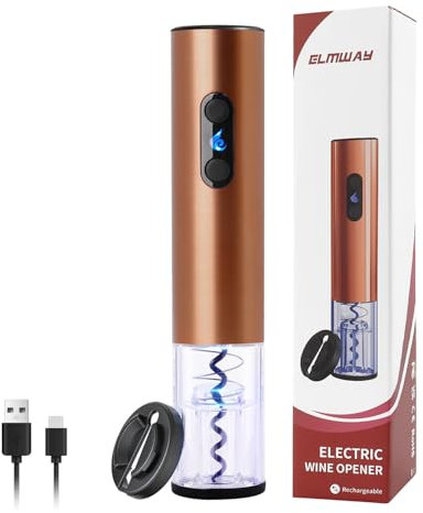 ELMWAY Rechargeable Electric Wine Bottle Opener – Electric Wine Opener & Corkscrew with Dual LED Lights, Transparent Window, Fast Cork Removal & Brushed Stainless Steel, Includes Foil Cutter–Rose Gold