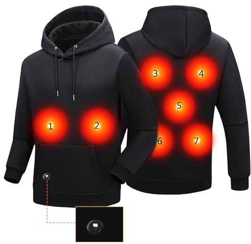 Beheizbare Hoodie für Herren Damen Elektrische Jacke Beheizte Heizweste Kapuzenpullover Sweatshirt 11 Heizzonen mit Kapuze Winter Warm (DE/NL/SE/PL, Alphanumerisch, L, Regular, Regular, Schwarz)