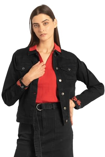 Enorsia Black Denim Jacket for Women with Embroidered Cuffs – Button Front Lightweight Unlined Ladies Denim Jacket with Patch Pockets, Stretch Fabric Casual Black Wash