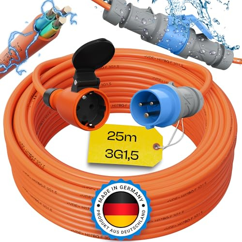 maxgo Camping Adapter CEE auf Schuko – 230V 16A 3x1,5 H07BQ-F Kabel 25m | Robustes H07BQ-F Adapterkabel Made in Germany für Camping, Wohnmobil, Wohnwagen und Boot mit CEE Stecker und Schuko Kupplung