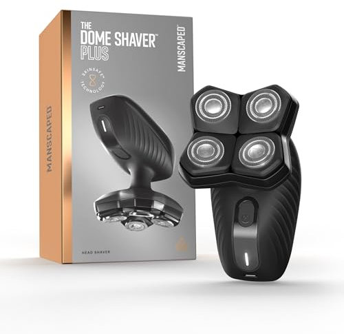 MANSCAPED® The Dome Shaver™ Plus Rasoir de tête pour homme – Quatre lames rotatives à double piste avec technologie SkinSafe® et FlexAdjust, étanche, chargement USB-C, tampon de lame magnétique