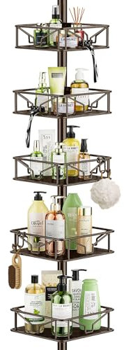 Bomclap Teleskop Duschregal Eckregal mit 5 Körben, Metall Teleskopregal Bad für Badewanne, Duschablage ohne Bohren Höhenverstellbar 106-287cm, Bronze