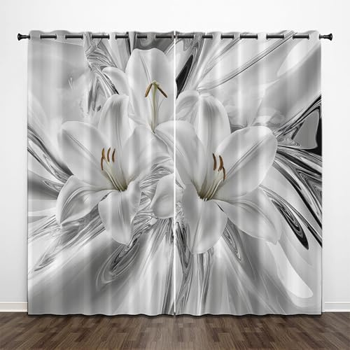 CEDNXOER Thermovorhang Blumen Blumen Verdunklungsvorhänge Ösen 2er Set H 245 x B 140 cm Lilie Schlafzimmer Gardinen und Vorhänge, Weiß Blickdicht Wärmevorhang Kälteschutz Tür Gardine