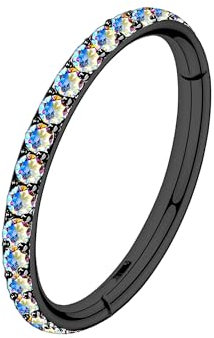 Titanium Clicker Ring in Classic Style with Aurora Borealis CZ, Nose Jewelry Tragus Hoop Conch Huggie Helix Ear - Black / 16G / 10 mm