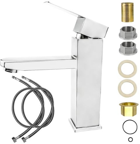 Grifo de baño – Mezclador lavabo de acero inoxidable con agua caliente/fría, diseño ergonómico y filtración avanzada para inodoro y baño (plateado)