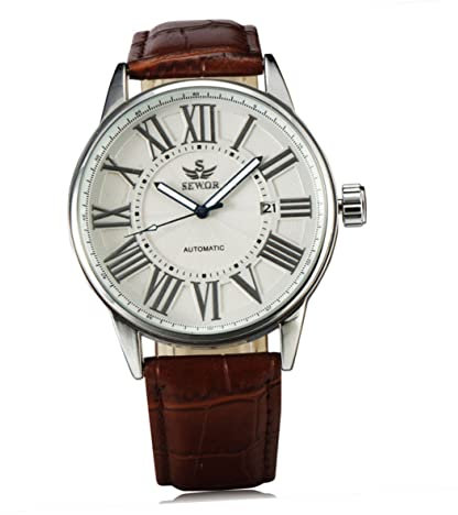 WRITWAA Herren Automatische Mechanische Armbanduhr Mit PU Band Weiß Silber Sewor Elegant Automatische Uhr