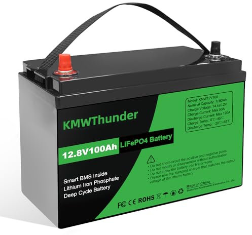 KMWThunder Batterie 12V 100Ah LiFePO4, BMS 100A amélioré Rechargeable avec, jusqu'à 15000 Cycles, Batterie au Lithium 1280Wh, Parfaite pour Les Camping-Cars, caravanes, Camping, systèmes solaires