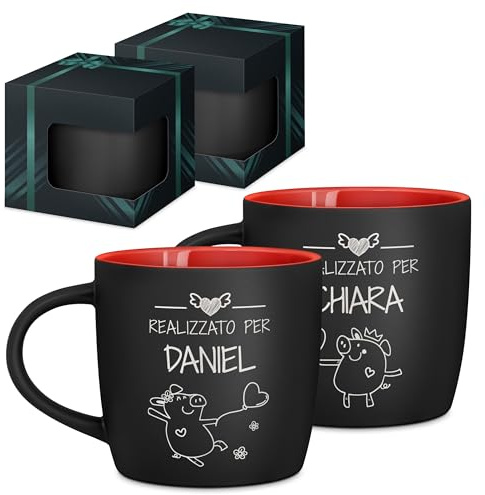 Maverton Set di 2 Tazze Colazione, Due Tazze Personalizzate in Ceramica | Per Coppia, Tazzine Caffe Nere Opache con Interno Rosso- Idee Regalo Fidanzato Anniversario Genitori
