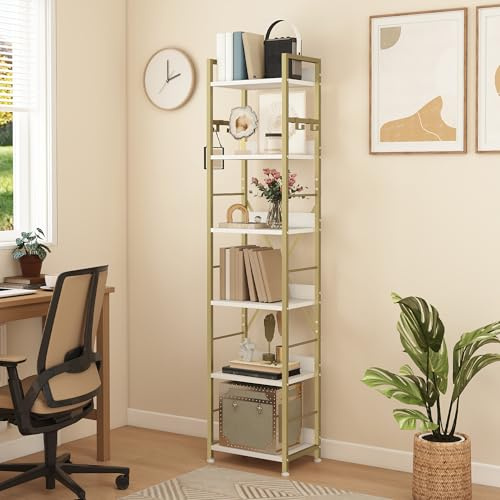 DWVO 6-stöckiges Bücherregal, Hohes Lagerregal mit Stahlrahmen, Industrielles Bücherregal mit 4 Haken, Standregal, Präsentationsständer, Für Wohnzimmer, Goldenes