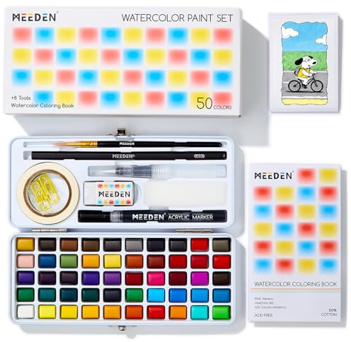 MEEDEN Travel Watercolour Paint Sets | 50 Colours for Beginner with Brushes & Concertina Coloring Book - Portable Water Colour Kit for Adult Painting