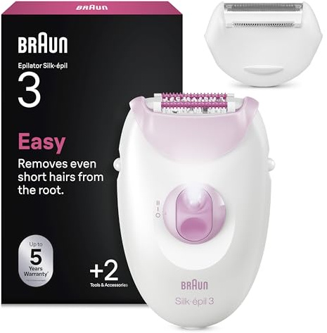 Braun Silk·épil 3, Corded Epilator, Easy Hair Removal, Lasting Smooth Skin, Includes Shaver Head and Trimmer Comb, 3-031, Pink