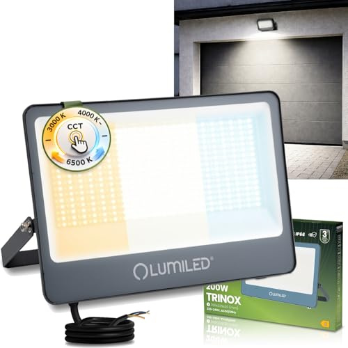 Lumiled LED Strahler Außen 200W 22000lm CCT 3000K 4000K 6500K IP66 Wasserdicht Fluter Außenstrahler Garten Garage Hof Wandstrahler Aluminium Grau