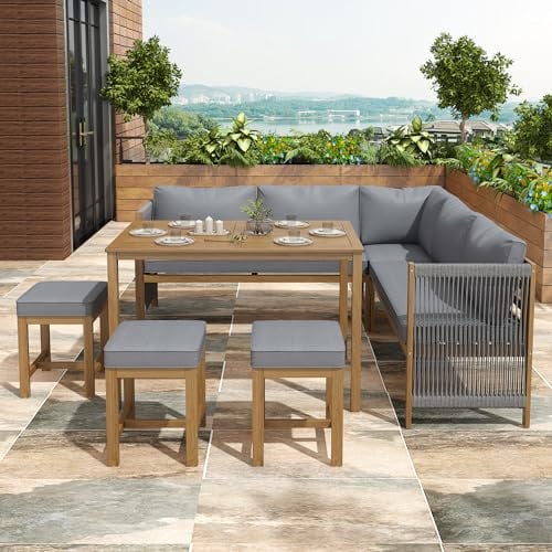 BTM Garten-Essgruppe Gartenmöbel Set mit Kissen, Ecksofa, Polyrattan Lounge, Balkon,Outdoor-Tisch- und Stuhl-Set für 7–8 Personen, mit Sofa, 3 Hocker und 1 Tisch, Grau Natur