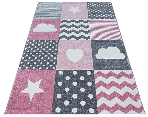 KADIMA DESIGN Kinderzimmerteppich Herz-Stern-Design Weich Pflegeleicht Waschbar Langlebig Strapazierfähig Pink 140x200 cm Spielzimmer Oeko-TEX Fußbodenheizung geeignet | LAGO
