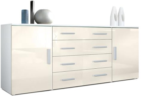 Sideboard Faro V2 - Kommode mit 2 Türen & 4 Schubladen, Schrank mit LED Lichtleiste, Weiß matt/Creme Hochglanz (166,5 x 75,5 x 35)