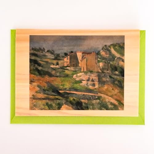 Wooden Blank Greeting Card [Series: Cezanne] Houses in Provence, Light and thin wooden material sliced from real wood, Japanese cypress, HINOKI