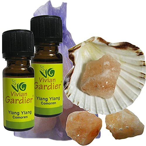 Ylang Ylang ätherisches Öl naturrein 2 x 10ml aus kontrolliertem Anbau. 7 teiliges Aromatherapie Duft Set mit Muschel + 3 Salz Kristalle zum Beduften + Säckchen. 50039