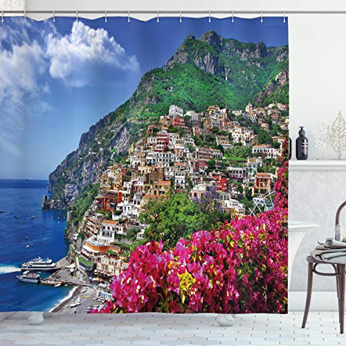 ABAKUHAUS Italien Duschvorhang, Positano Amalfi Neapel, Stoffliches Gewebe Badezimmerdekorationsset mit Haken, 175 x 200 cm, Grün Blau Rosa