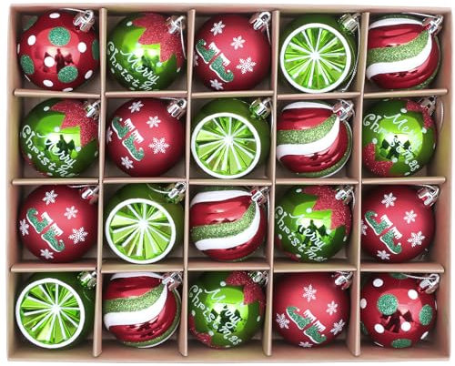 Victor's Workshop Christmas Baubles Set 20pcs 60mm, Red Green and White Christmas Ball Ornaments for Xmas Tree Decorations