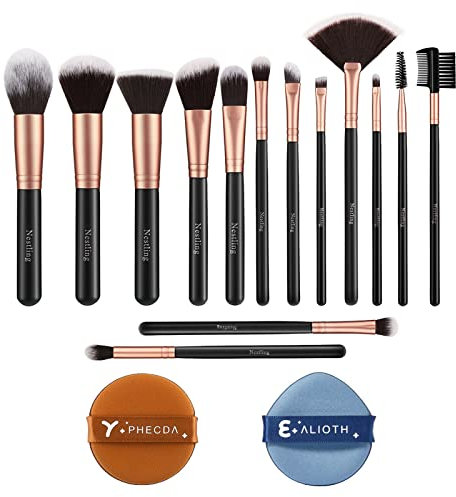 Nestling Make-up-Pinsel-Set mit 2 Puderquasten, hochwertige synthetische Kabuki-Pinsel für Foundation, Gesicht, Puder, Rouge, Lidschatten, tierversuchsfrei, 14-teilig