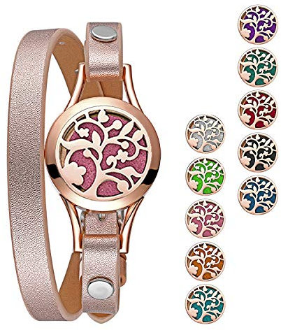 Cupimatch Bracelet Diffuseur d'huiles Essentielles Arbre de Vie Aimant Rond Ouvert en Acier Inoxydable avec 10 Pièces Recharge Coussins Lavable,Bon Cadeau de Fête des Mères Noël Saint-Valentin