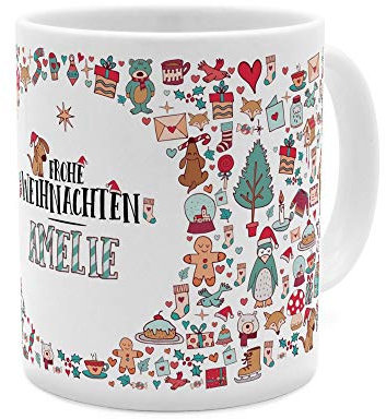 printplanet Tasse mit Namen Amelie - Motiv Frohe Weihnachten - Namenstasse, Kaffeebecher, Mug, Becher, Kaffeetasse - Farbe Weiß