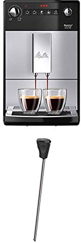 Melitta Purista F 230-101 Kaffeevollautomat mit flüsterleisem Kegelmahlwerk (Direktwahltaste, 2-Tassen Funktion, 20 cm Breite) silber/schwarz + Milchlanze für Kaffeevollautomaten, Edelstahl, Schwarz