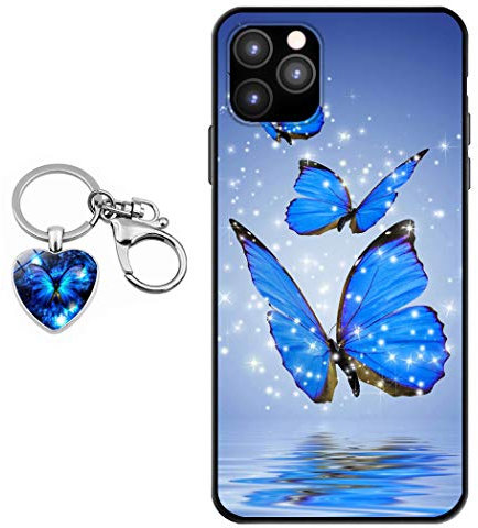 Staremeplz iPhone 11 Pro Max Case With Blue Butterfly Design [With Crystal Glass Keychain], Soft Silicone TPU Art Protective Phone Case for iPhone 11 Pro Max