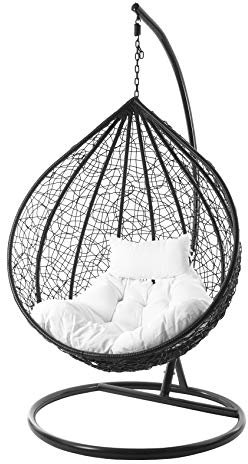 KIDEO Komplettset: großer Hängesessel mit Gestell & Kissen, Korbsessel, Poly-Rattan (Korb & Gestell: schwarz, Kissen: weiß Chester-Stepp (1000 Snow))